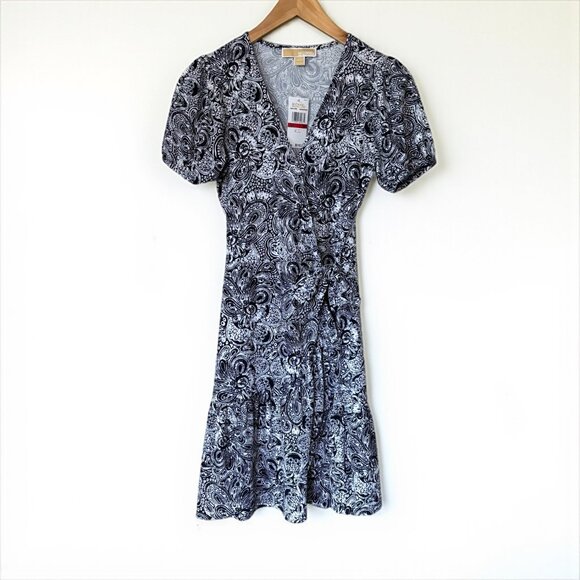 NWT Michael Kors Faux Wrap Midnight Blue Paisley Mini Dress Size XS - Picture 1 of 14
